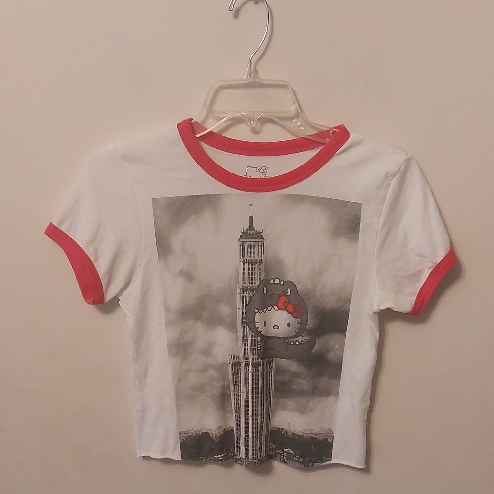Sanrio Hello Kitty By Doe Godzilla Empire State Rare Ringer Crop Tee Sz Jr M